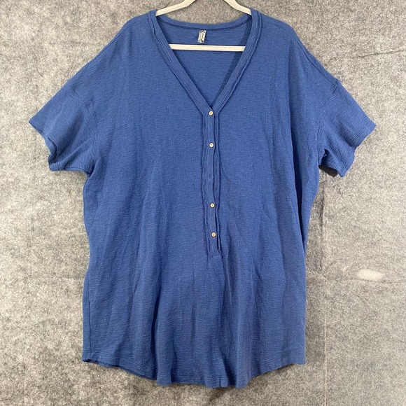 Free People Tops - Free People Tunic T-Shirt Small Blue Short Sleeve V-Neck Henley Oversized Top